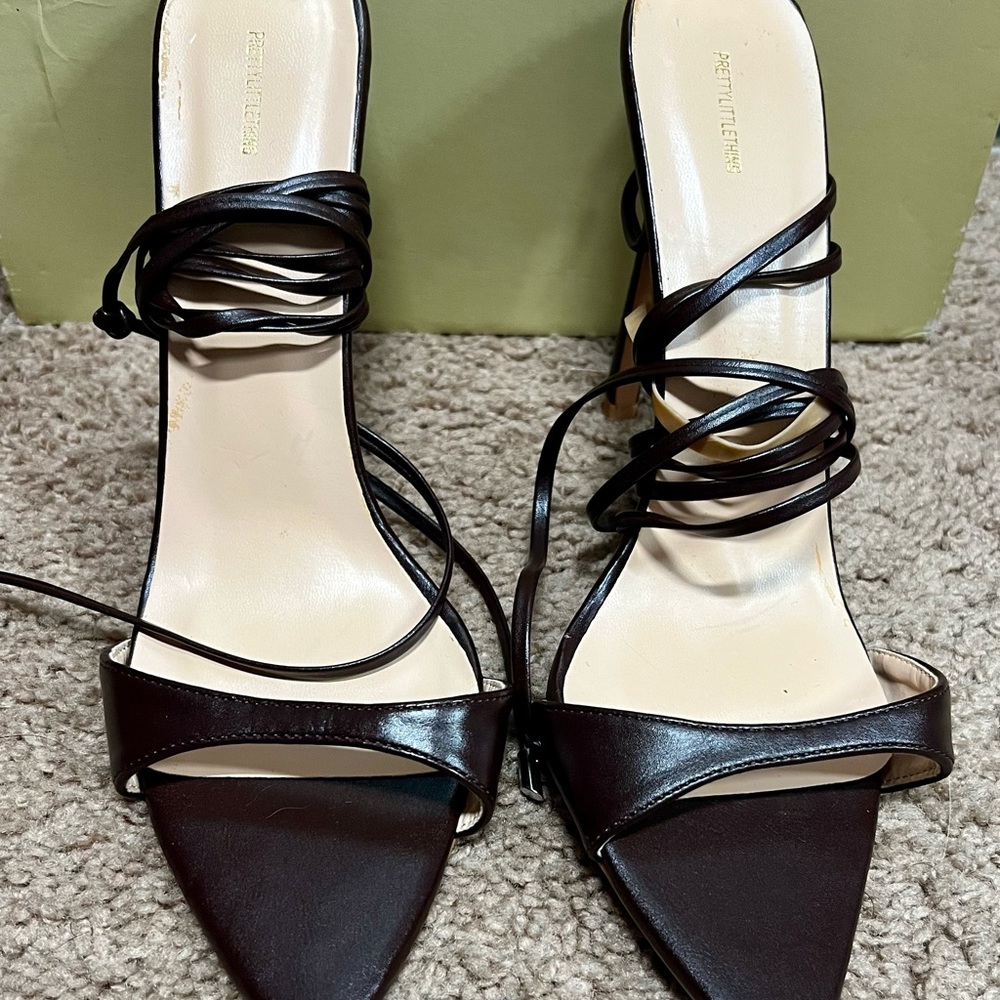 Pretty Little Thing Brown Heeled Sandals with Strappy Design